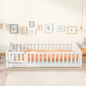 Twin Size Floor Bed with Fence and Door, Rubber Wood Floor Bed with Safety Guardrails, Natural