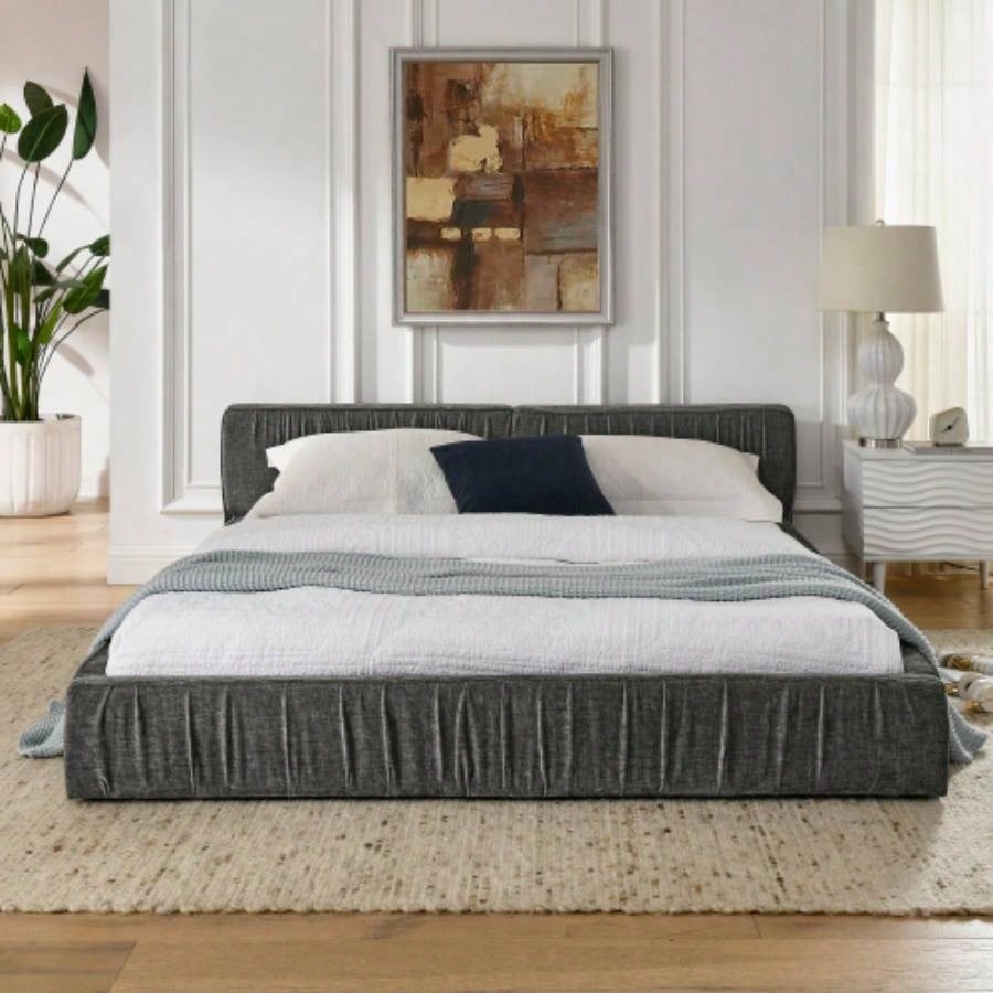 Size Upholstered Bed Frame with Chenille fabric with pleated design, Grounded Size Platform Bed with Headboard and Solid Frame. No Box Spring Needed - 886723.5