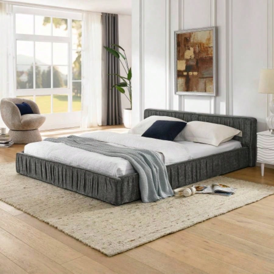 Size Upholstered Bed Frame with Chenille fabric with pleated design, Grounded Size Platform Bed with Headboard and Solid Frame. No Box Spring Needed - 886723.5
