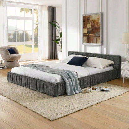 Size Upholstered Bed Frame with Chenille fabric with pleated design, Grounded Size Platform Bed with Headboard and Solid Frame. No Box Spring Needed - 886723.5