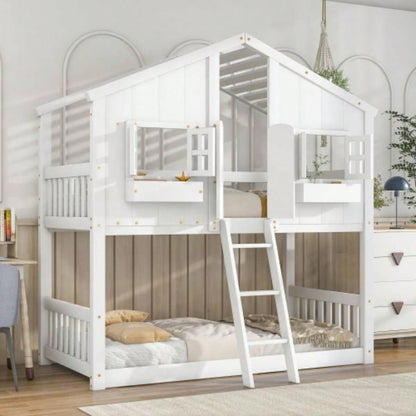 Twin over Twin House Bunk Bed with Roof, Window, Window Box, Door, with Safety Guardrails and Ladder, White