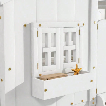 Twin over Twin House Bunk Bed with Roof, Window, Window Box, Door, with Safety Guardrails and Ladder, White