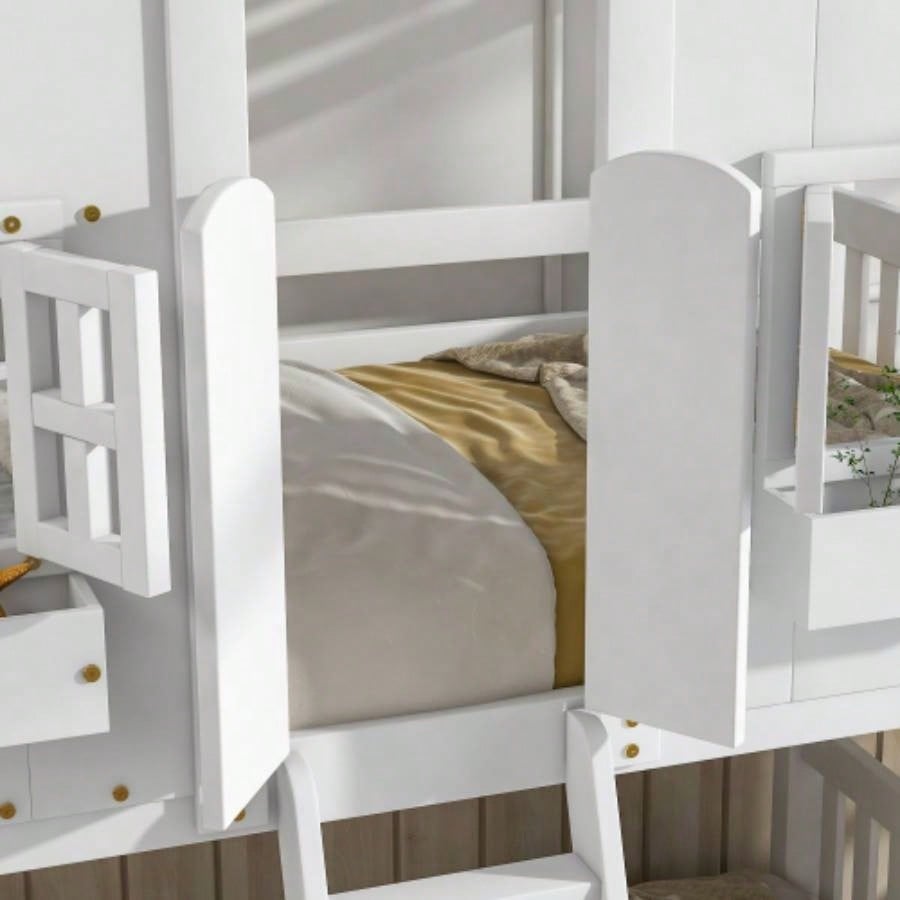 Twin over Twin House Bunk Bed with Roof, Window, Window Box, Door, with Safety Guardrails and Ladder, White