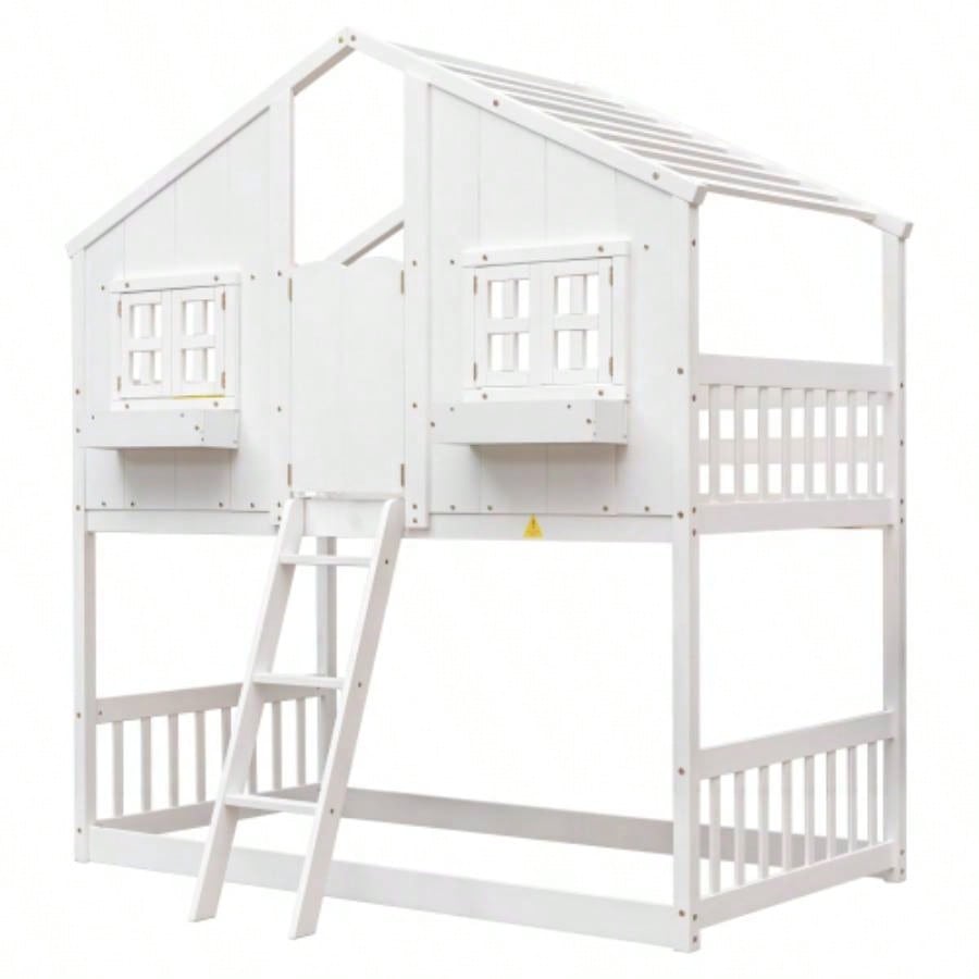 Twin over Twin House Bunk Bed with Roof, Window, Window Box, Door, with Safety Guardrails and Ladder, White