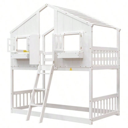 Twin over Twin House Bunk Bed with Roof, Window, Window Box, Door, with Safety Guardrails and Ladder, White