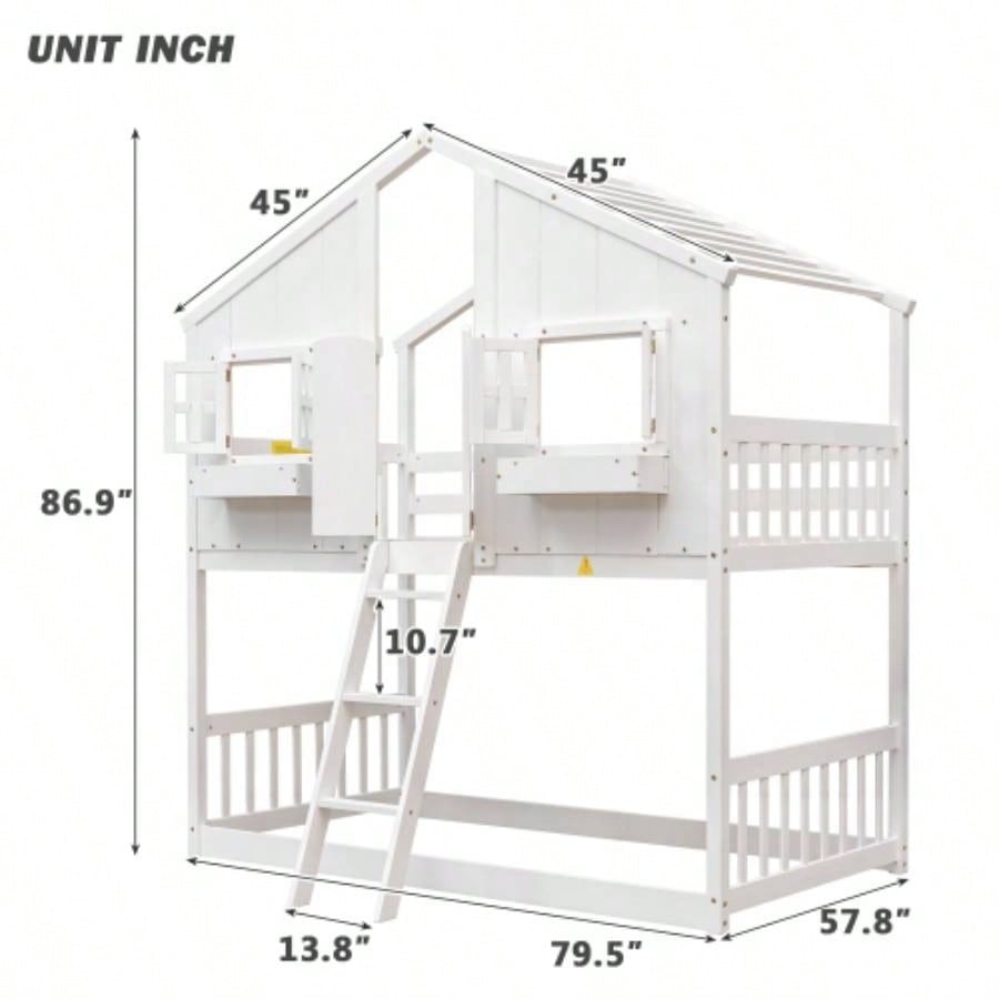 Twin over Twin House Bunk Bed with Roof, Window, Window Box, Door, with Safety Guardrails and Ladder, White
