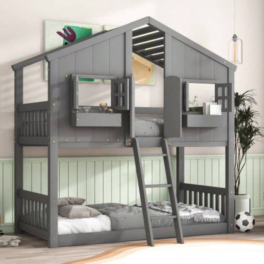 Twin over Twin House Bunk Bed with Roof, Window, Window Box, Door, with Safety Guardrails and Ladder, White