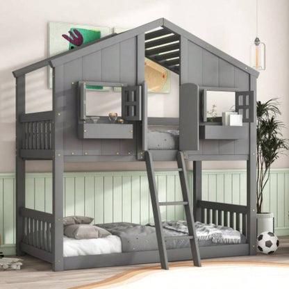 Twin over Twin House Bunk Bed with Roof, Window, Window Box, Door, with Safety Guardrails and Ladder, White