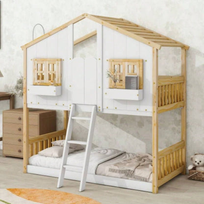 Twin over Twin House Bunk Bed with Roof, Window, Window Box, Door, with Safety Guardrails and Ladder, White