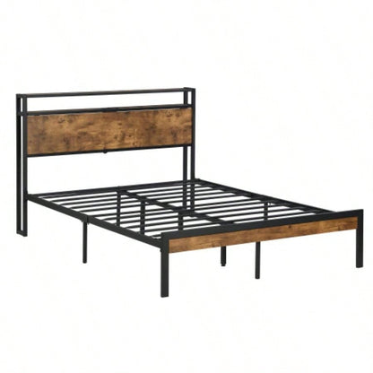 Size Metal Platform Bed Frame with Wooden Headboard and Footboard with USB LINER, No Box Spring Needed, Large Under Bed Storage, Easy Assemble
