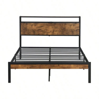 Size Metal Platform Bed Frame with Wooden Headboard and Footboard with USB LINER, No Box Spring Needed, Large Under Bed Storage, Easy Assemble