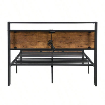 Full Size Metal Platform Bed Frame with Wooden Headboard and Footboard with USB LINER, No Box Spring Needed, Large Under Bed Storage, Easy Assemble