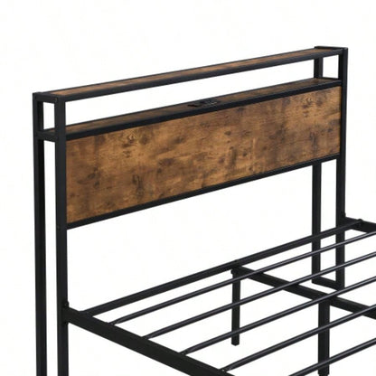 Size Metal Platform Bed Frame with Wooden Headboard and Footboard with USB LINER, No Box Spring Needed, Large Under Bed Storage, Easy Assemble