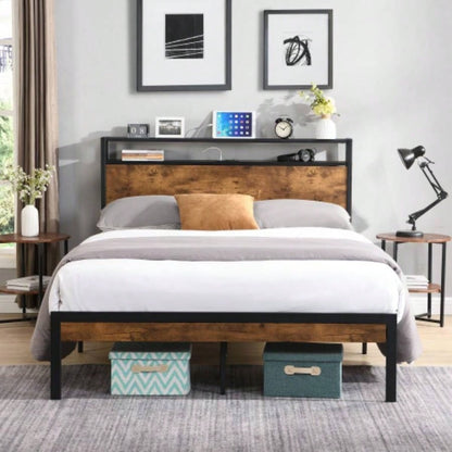 Full Size Metal Platform Bed Frame with Wooden Headboard and Footboard with USB LINER, No Box Spring Needed, Large Under Bed Storage, Easy Assemble