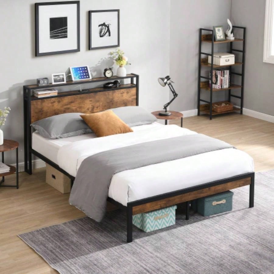 Size Metal Platform Bed Frame with Wooden Headboard and Footboard with USB LINER, No Box Spring Needed, Large Under Bed Storage, Easy Assemble