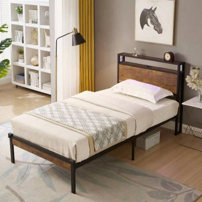 Full Size Metal Platform Bed Frame with Wooden Headboard and Footboard with USB LINER, No Box Spring Needed, Large Under Bed Storage, Easy Assemble