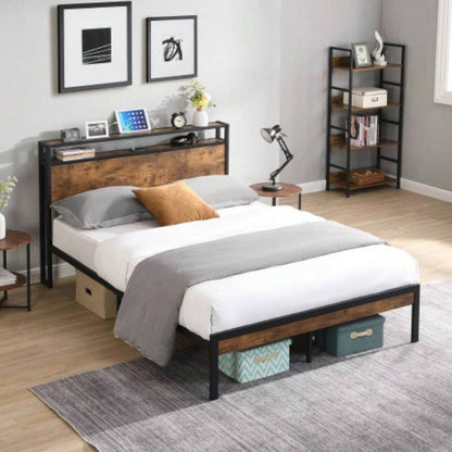Size Metal Platform Bed Frame with Wooden Headboard and Footboard with USB LINER, No Box Spring Needed, Large Under Bed Storage, Easy Assemble