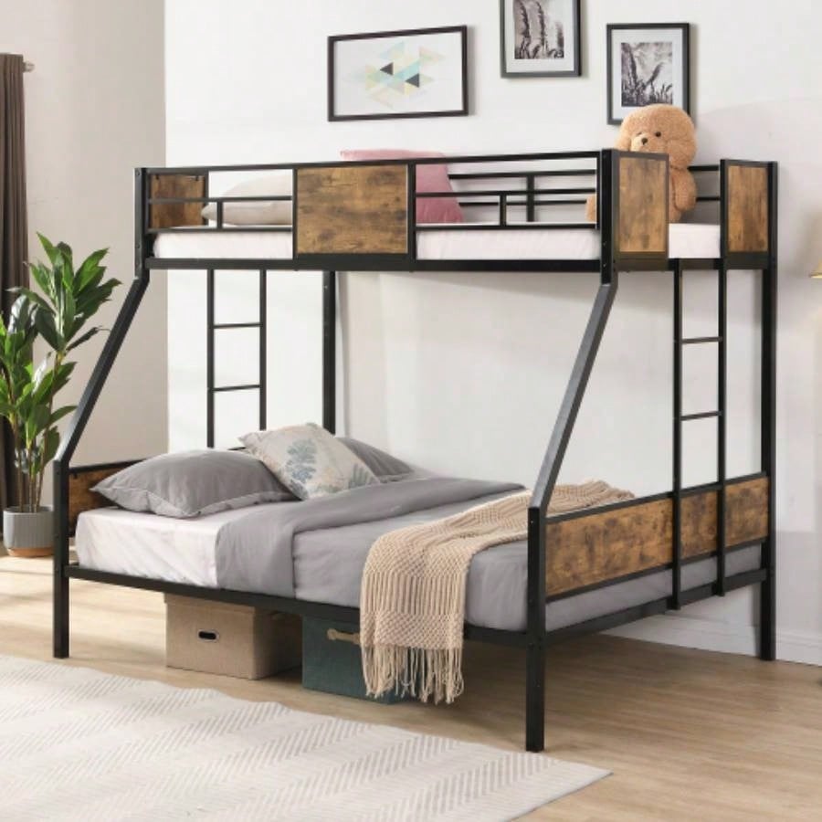 Twin Over FULL Metal Bunk Bed with 2 - Side Ladder and Full - Length Guardrail, No Box Spring Needed, Large Under Bed Storage, Easy Assemble, Black Brown