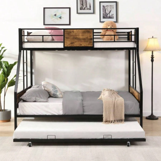Twin Over FULL Metal Bunk Bed with Trundle 2 - Side Ladder and Full - Length Guardrail, No Box Spring Needed, Large Under Bed Storage, Easy Assemble, Black Brown