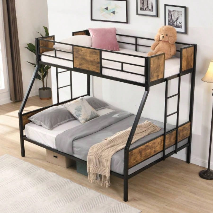 Twin Over FULL Metal Bunk Bed with 2 - Side Ladder and Full - Length Guardrail, No Box Spring Needed, Large Under Bed Storage, Easy Assemble, Black Brown