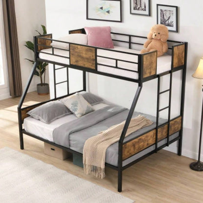 Twin Over FULL Metal Bunk Bed with 2 - Side Ladder and Full - Length Guardrail, No Box Spring Needed, Large Under Bed Storage, Easy Assemble, Black Brown