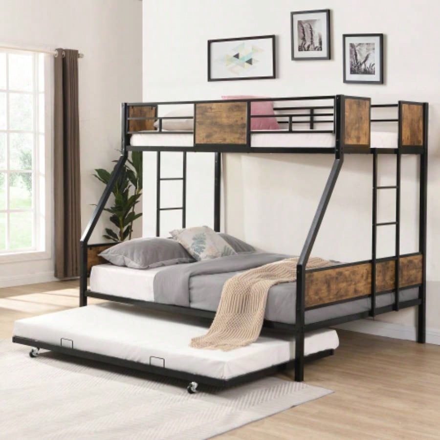 Twin Over FULL Metal Bunk Bed with Trundle 2 - Side Ladder and Full - Length Guardrail, No Box Spring Needed, Large Under Bed Storage, Easy Assemble, Black Brown