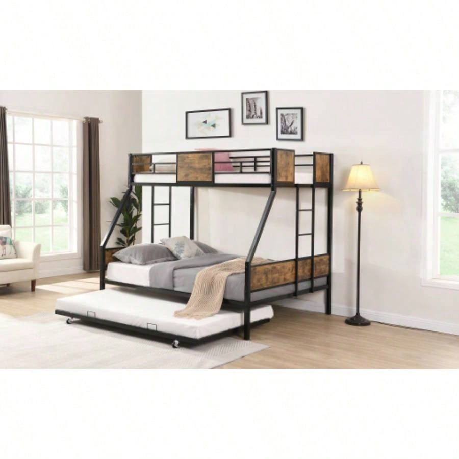 Twin Over FULL Metal Bunk Bed with Trundle 2 - Side Ladder and Full - Length Guardrail, No Box Spring Needed, Large Under Bed Storage, Easy Assemble, Black Brown