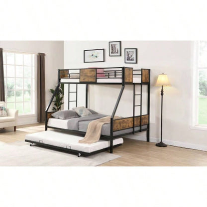 Twin Over FULL Metal Bunk Bed with Trundle 2 - Side Ladder and Full - Length Guardrail, No Box Spring Needed, Large Under Bed Storage, Easy Assemble, Black Brown