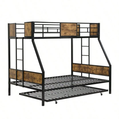 Twin Over FULL Metal Bunk Bed with Trundle 2 - Side Ladder and Full - Length Guardrail, No Box Spring Needed, Large Under Bed Storage, Easy Assemble, Black Brown