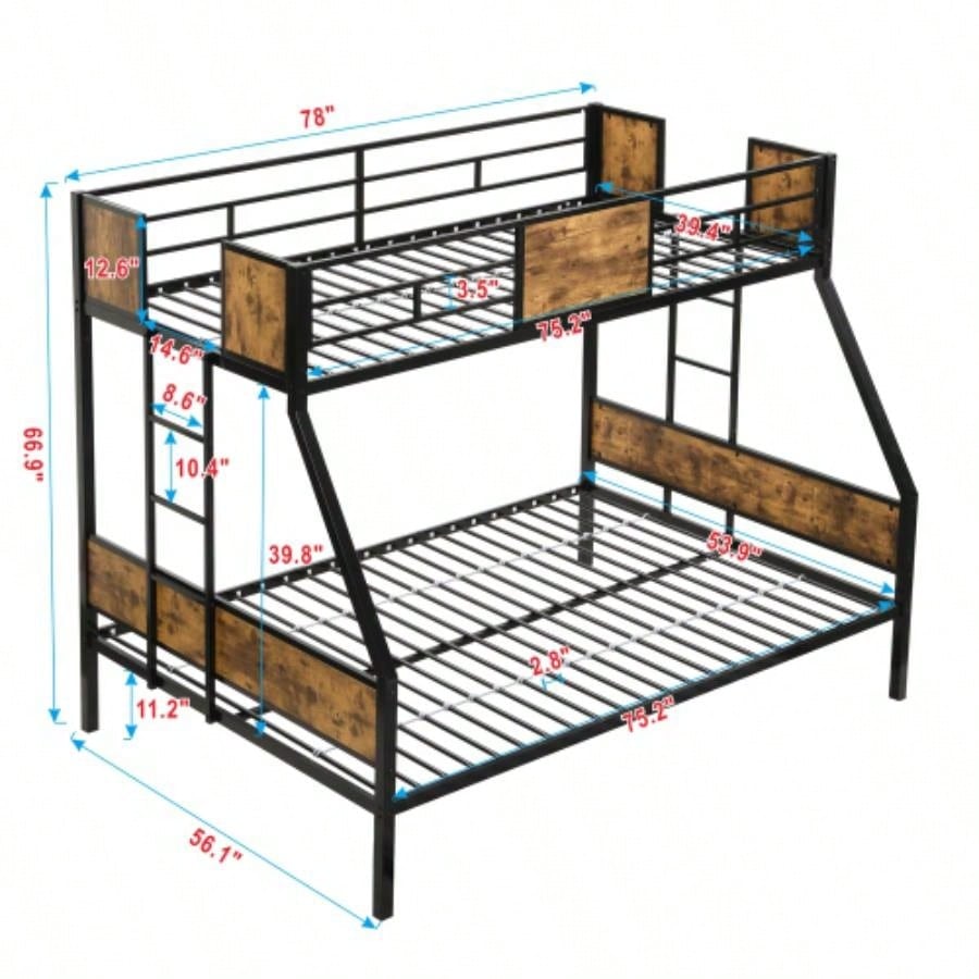Twin Over FULL Metal Bunk Bed with 2 - Side Ladder and Full - Length Guardrail, No Box Spring Needed, Large Under Bed Storage, Easy Assemble, Black Brown