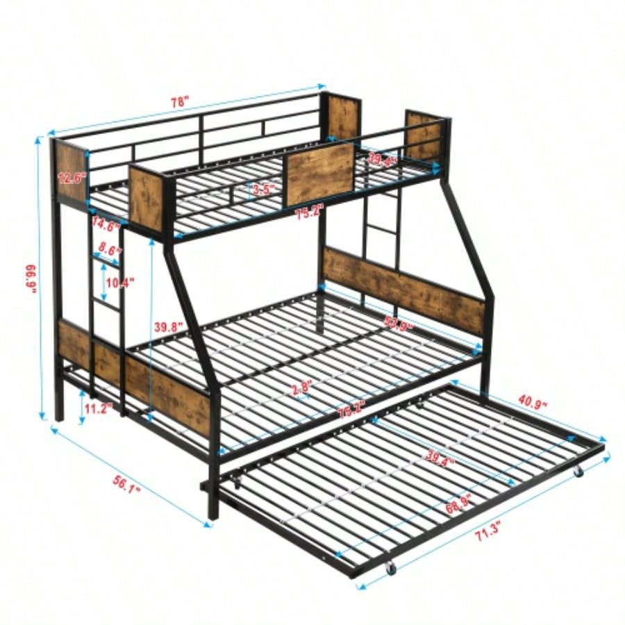 Twin Over FULL Metal Bunk Bed with Trundle 2 - Side Ladder and Full - Length Guardrail, No Box Spring Needed, Large Under Bed Storage, Easy Assemble, Black Brown