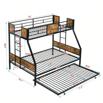 Twin Over FULL Metal Bunk Bed with Trundle 2 - Side Ladder and Full - Length Guardrail, No Box Spring Needed, Large Under Bed Storage, Easy Assemble, Black Brown