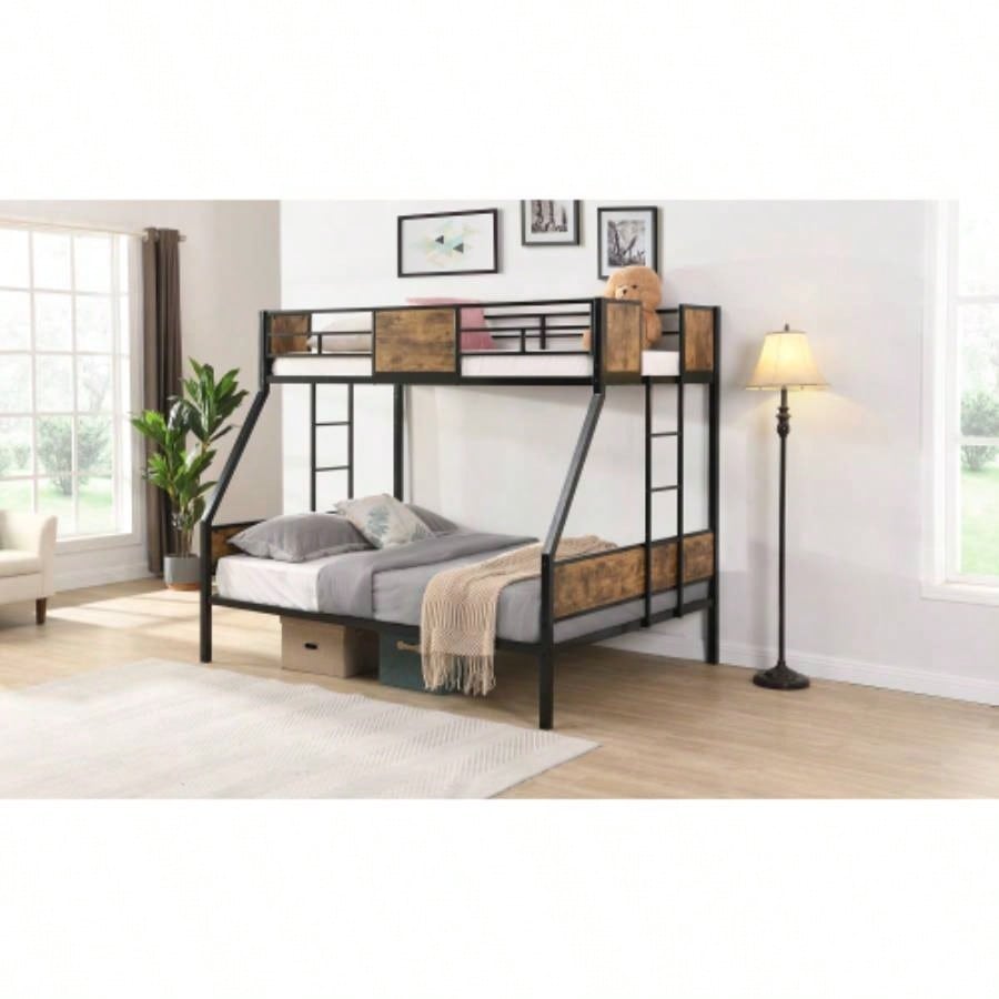 Twin Over FULL Metal Bunk Bed with 2 - Side Ladder and Full - Length Guardrail, No Box Spring Needed, Large Under Bed Storage, Easy Assemble, Black Brown