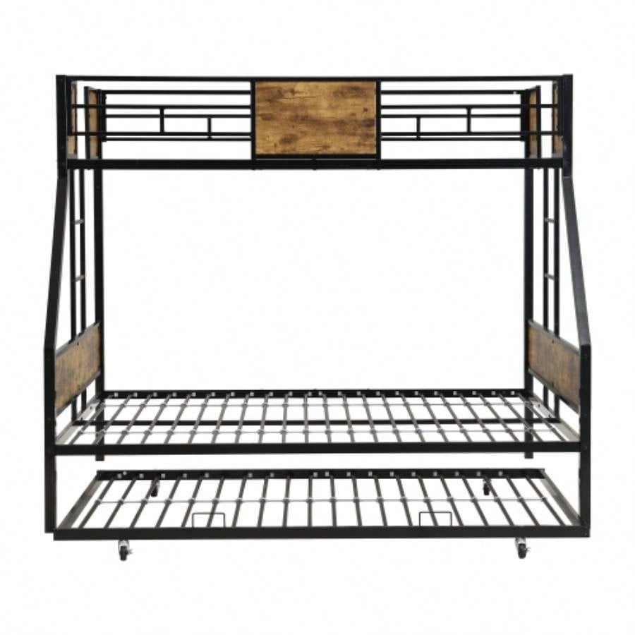 Twin Over FULL Metal Bunk Bed with Trundle 2 - Side Ladder and Full - Length Guardrail, No Box Spring Needed, Large Under Bed Storage, Easy Assemble, Black Brown