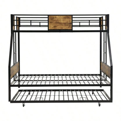 Twin Over FULL Metal Bunk Bed with Trundle 2 - Side Ladder and Full - Length Guardrail, No Box Spring Needed, Large Under Bed Storage, Easy Assemble, Black Brown