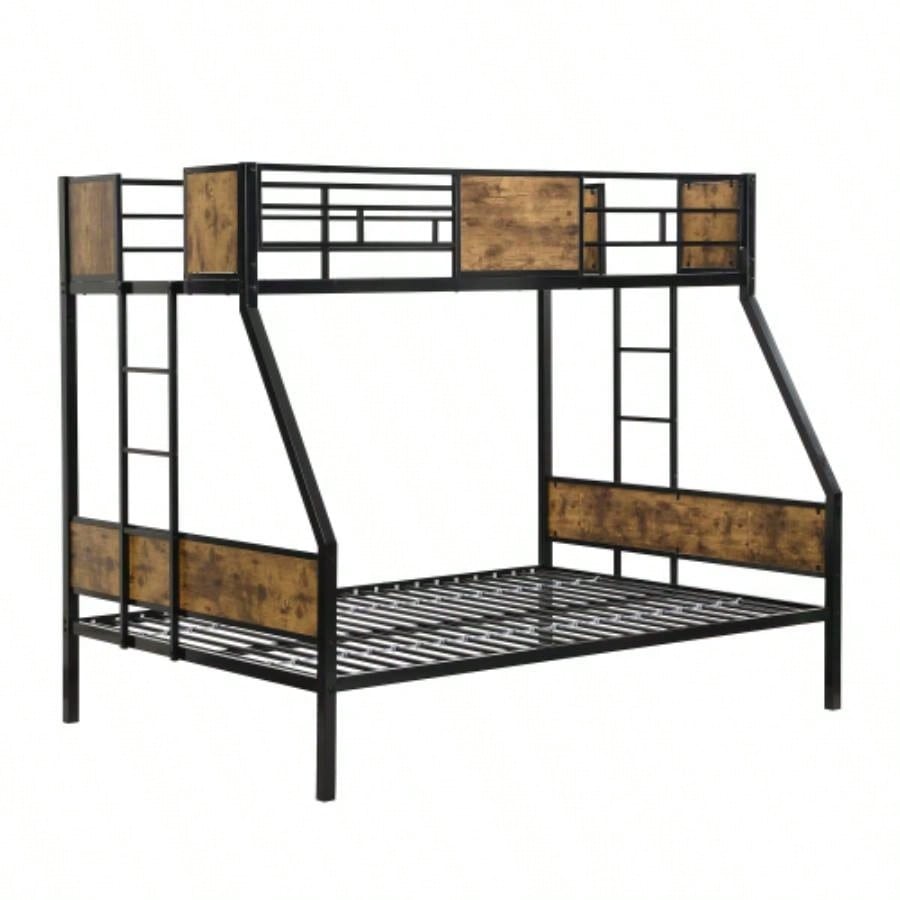 Twin Over FULL Metal Bunk Bed with 2 - Side Ladder and Full - Length Guardrail, No Box Spring Needed, Large Under Bed Storage, Easy Assemble, Black Brown