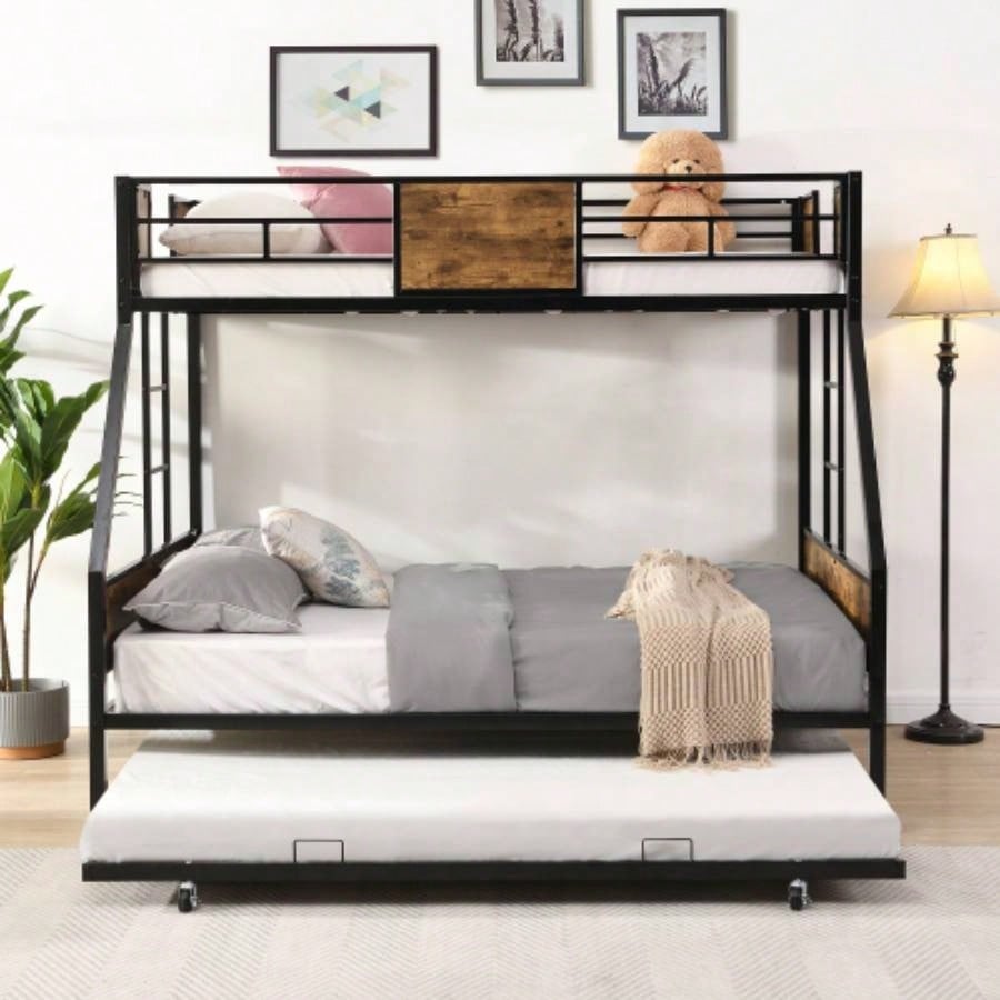 Twin Over FULL Metal Bunk Bed with Trundle 2 - Side Ladder and Full - Length Guardrail, No Box Spring Needed, Large Under Bed Storage, Easy Assemble, Black Brown