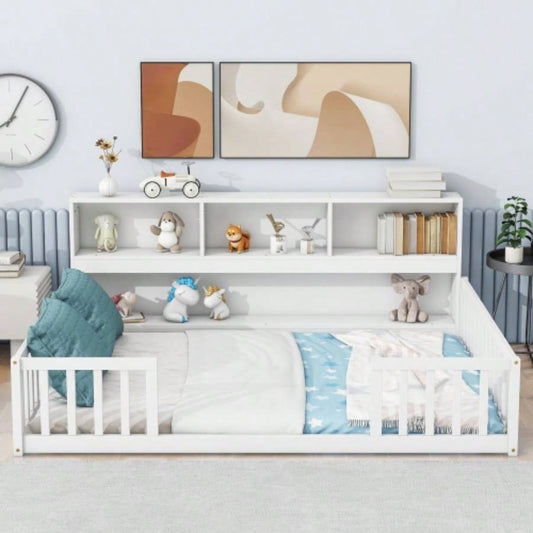 Full Floor Bed with Side Bookcase, Shelves, Guardrails, White