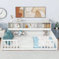 Full Floor Bed with Side Bookcase, Shelves, Guardrails, White