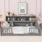 Full Floor Bed with Side Bookcase, Shelves, Guardrails, White