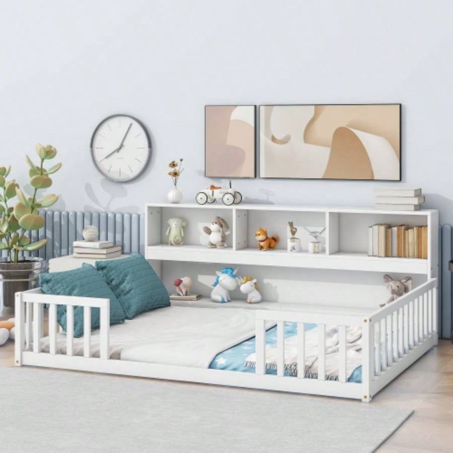 Full Floor Bed with Side Bookcase, Shelves, Guardrails, White