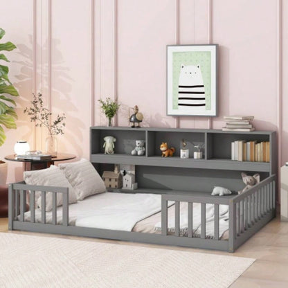Full Floor Bed with Side Bookcase, Shelves, Guardrails,