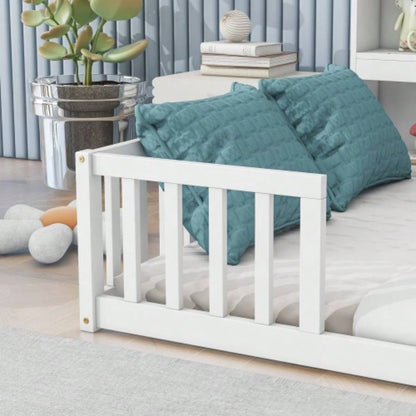 Full Floor Bed with Side Bookcase, Shelves, Guardrails, White