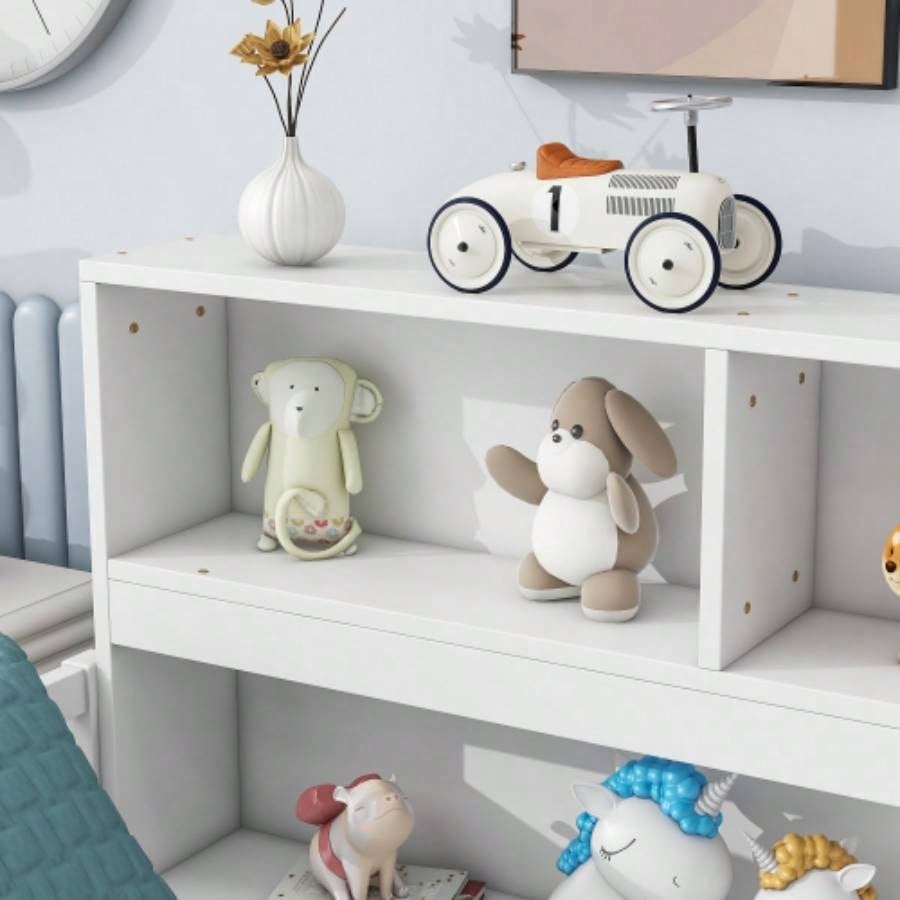 Full Floor Bed with Side Bookcase, Shelves, Guardrails, White