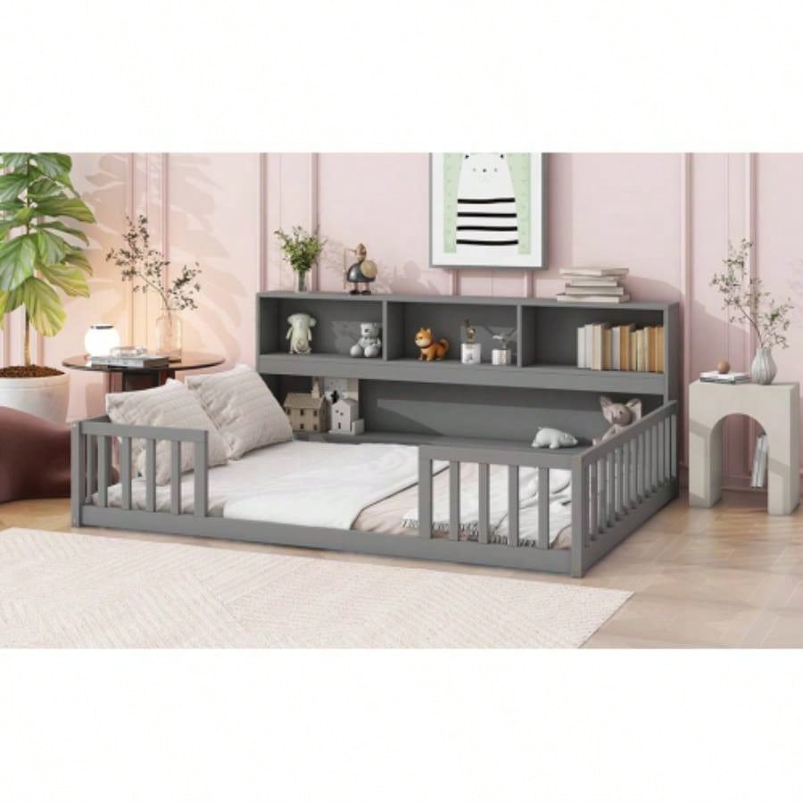 Full Floor Bed with Side Bookcase, Shelves, Guardrails,