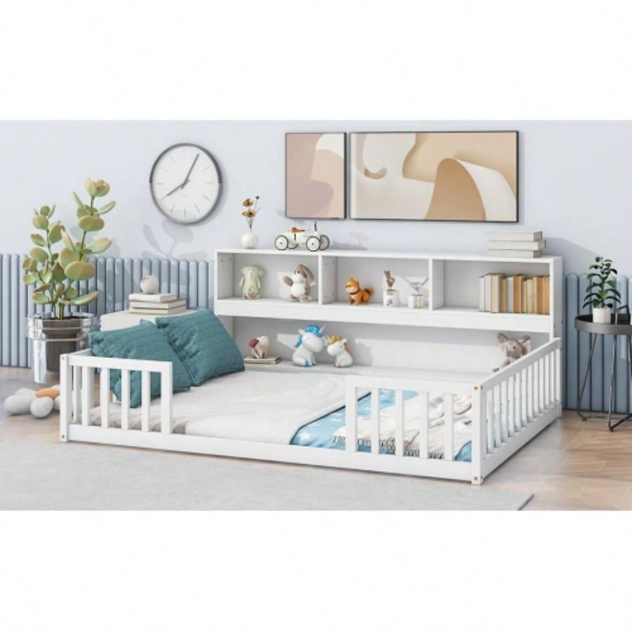Full Floor Bed with Side Bookcase, Shelves, Guardrails, White