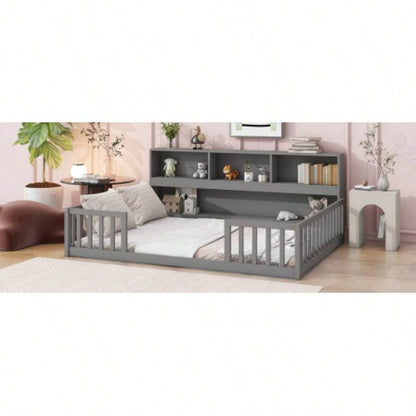 Full Floor Bed with Side Bookcase, Shelves, Guardrails,