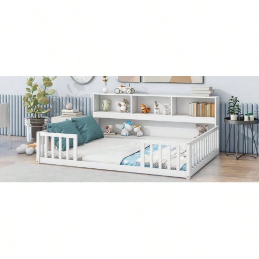Full Floor Bed with Side Bookcase, Shelves, Guardrails, White