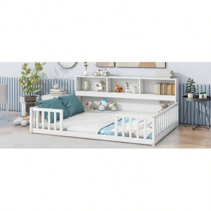 Full Floor Bed with Side Bookcase, Shelves, Guardrails, White