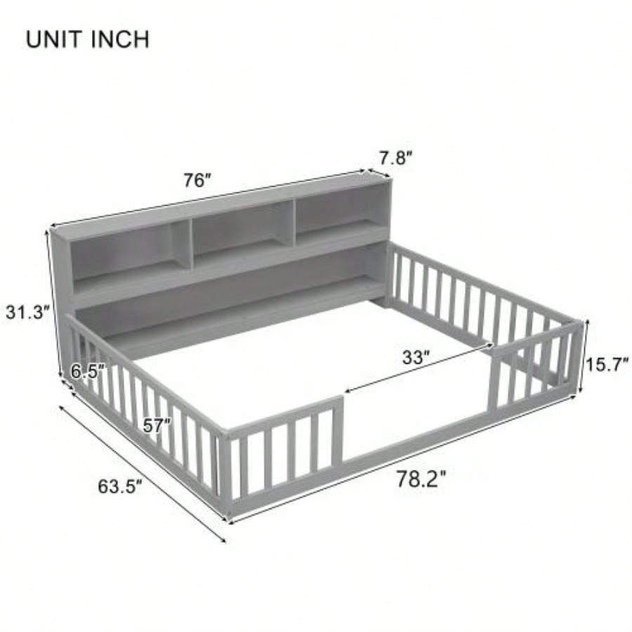 Full Floor Bed with Side Bookcase, Shelves, Guardrails,